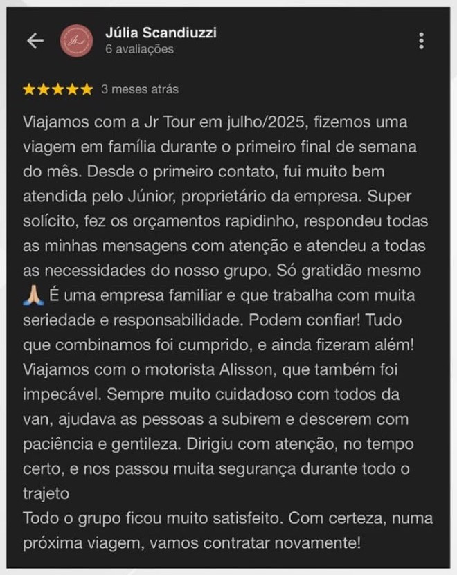 Avaliação real de cliente da JR TOUR